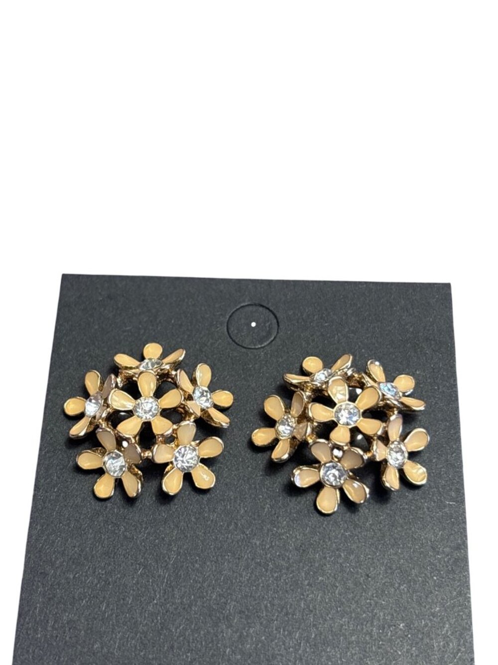 Daisy Cluster Floral Stud Earrings Beige Enamel Clear Rhinestone Goldtone 0.75"